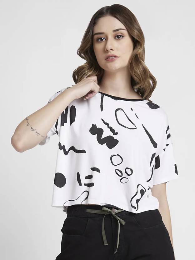 Spykar Women Printed Round Neck Cotton Blend White T-Shirt