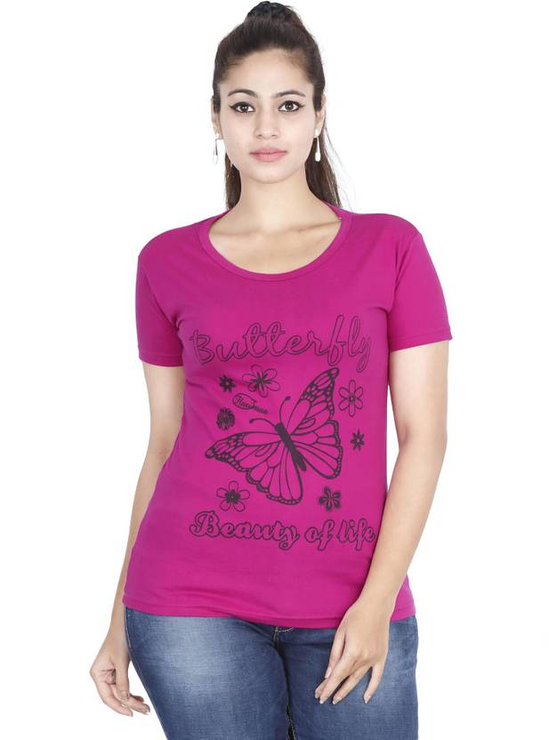 Fleximaa Printed Women Round Neck Purple T-Shirt