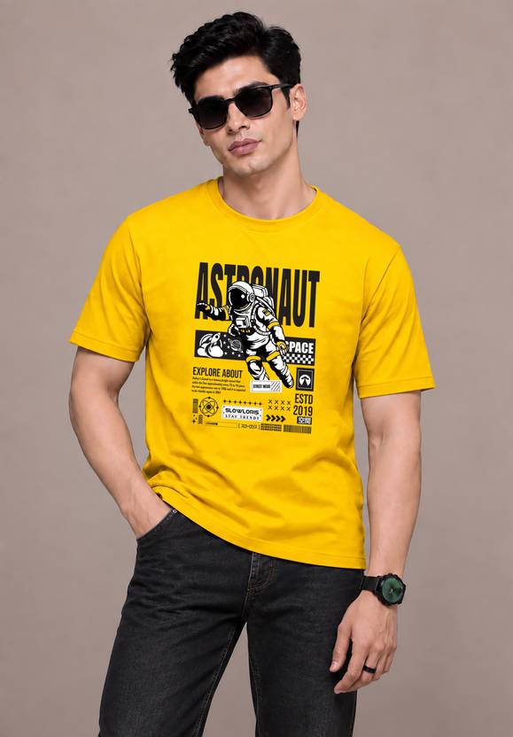 SLOWLORIS Men Printed Round Neck Cotton Blend Yellow T-Shirt