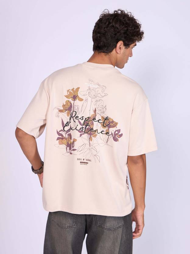 ESPANSHE Men Printed Round Neck Pure Cotton Beige T-Shirt