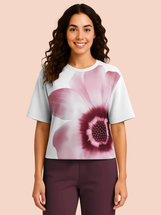 Hellcat Women Floral Print Round Neck Cotton Blend Maroon T-Shirt