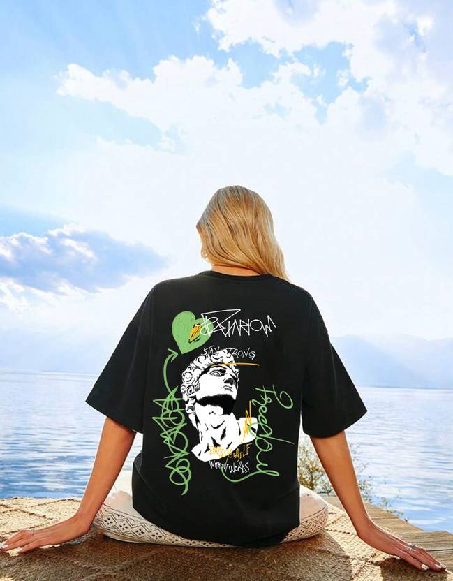 JUNEBERRY Printed, Typography Women Round Neck Black T-Shirt