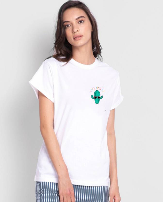 Women Printed Round Neck Pure Cotton White T-Shirt