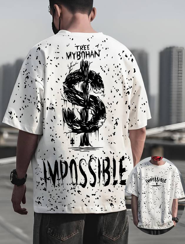 BUKKL Men Printed, Typography Round Neck Cotton Blend White T-Shirt