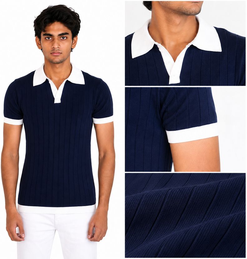 Doppey Men Navy Blue Polo Neck Pure Cotton - Image 7