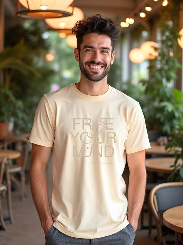 NOBERO Men Typography Round Neck Pure Cotton Beige T-Shirt