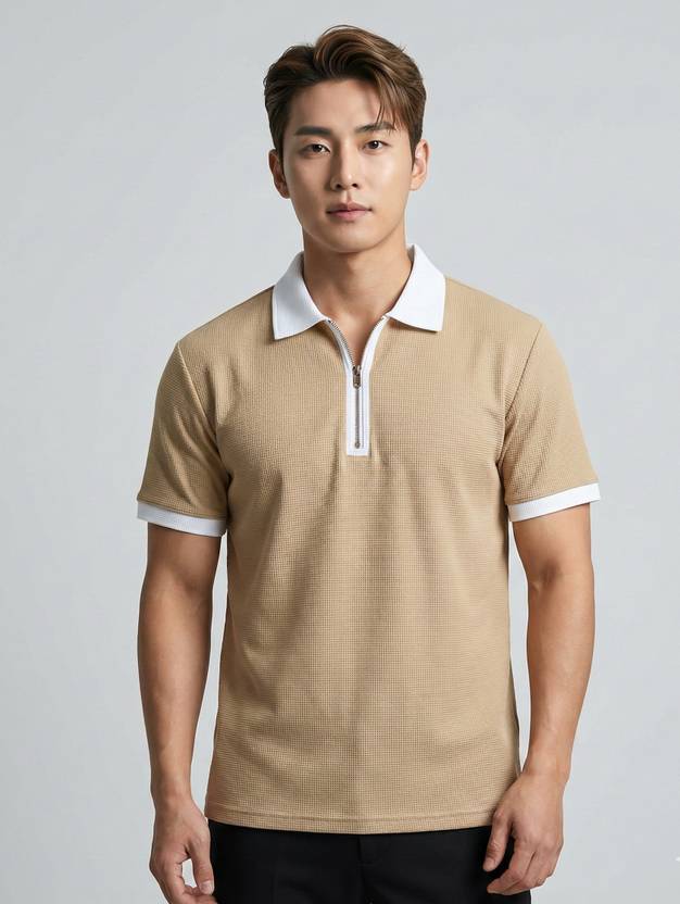 Bairagi Men Self Design Polo Neck Cotton Blend Beige, White T-Shirt