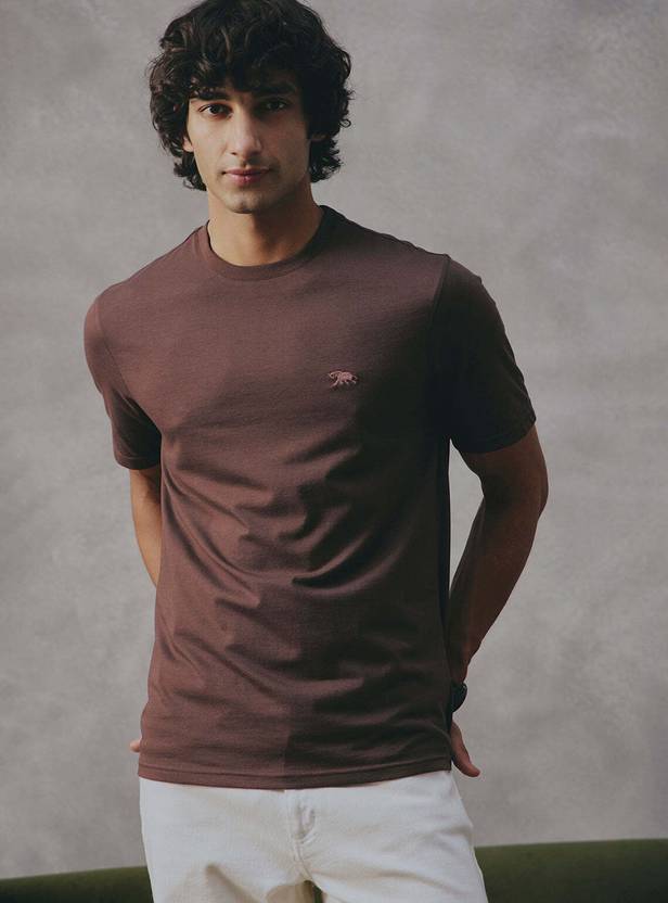 Andamen Men Embroidered Crew Neck Pure Cotton Brown T-Shirt