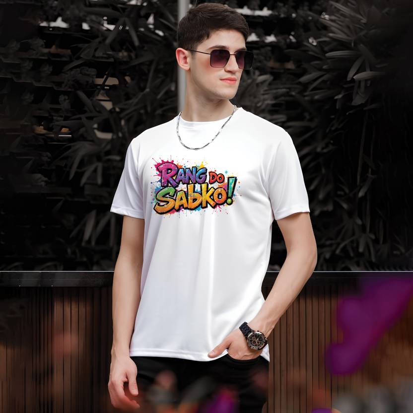 Binayak Men Printed Round Neck Polyester White T-Shirt