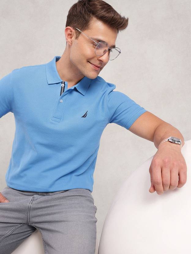 NAUTICA Men Solid Polo Neck Pure Cotton Blue T-Shirt