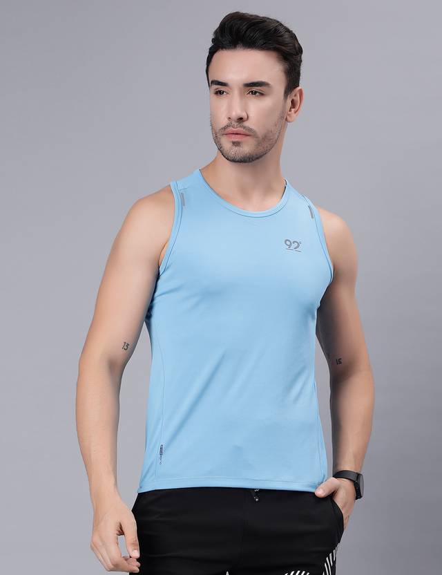 92 Ninety Two Men Solid Round Neck Polyester Blue T-Shirt