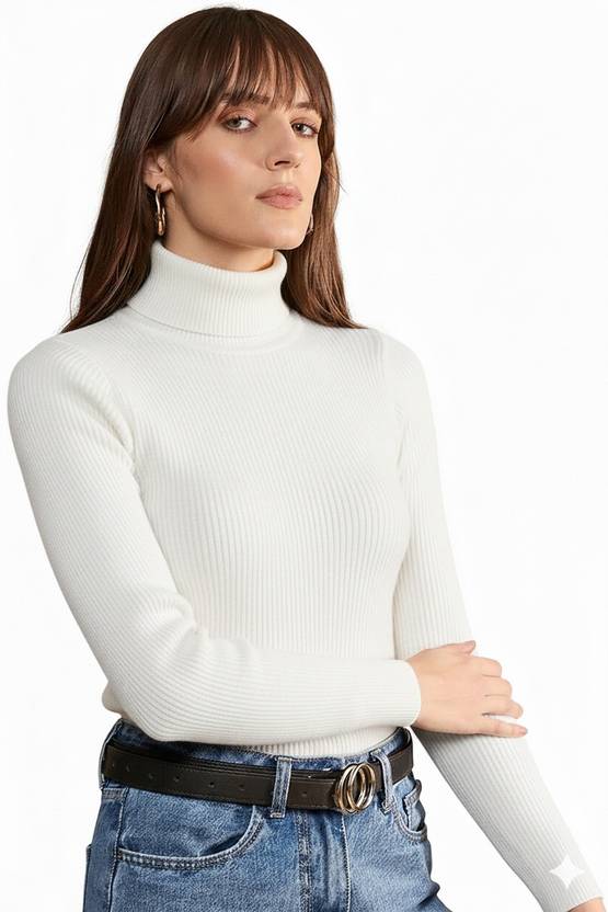 SriSaras Women Solid High Neck Polycotton White T-Shirt