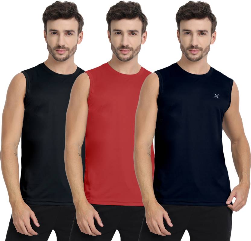 FTX Pack of 3 Men Solid Round Neck Polyester Black, Red, Navy Blue T-Shirt