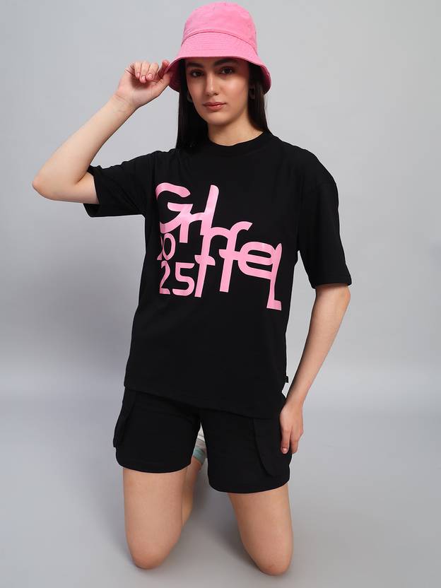 GRIFFEL Women Graphic Print Round Neck Pure Cotton Black T-Shirt
