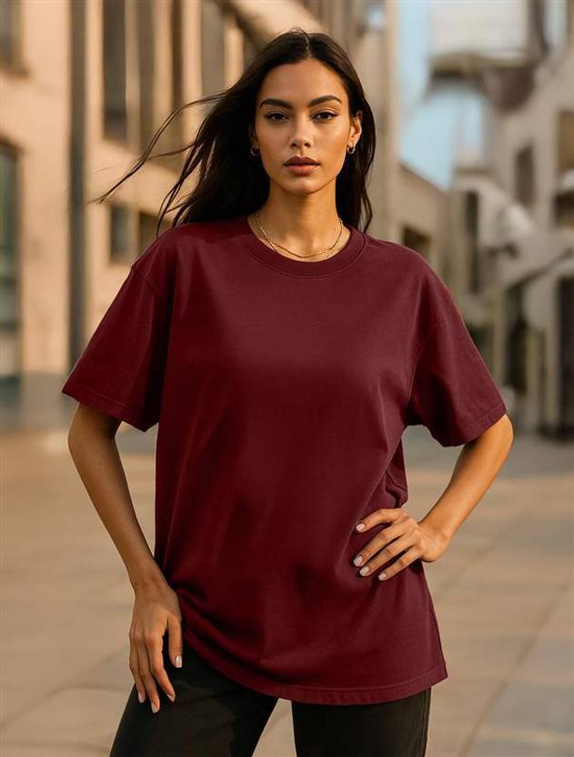 JUNEBERRY Oversized Women Solid Round Neck Pure Cotton Maroon T-Shirt