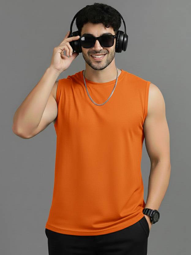 Bribzy Solid Men Round Neck Orange T-Shirt