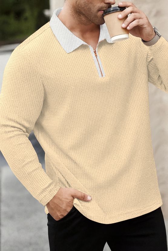 KAJARU Men Beige Zip Neck T-Shirt - Image 4