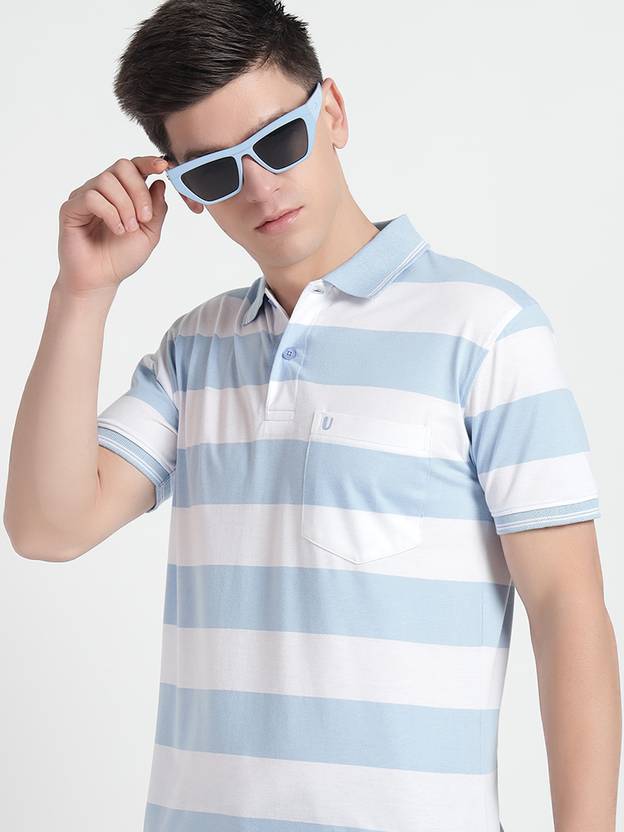 UNIBERRY Men Striped Polo Neck Cotton Blend Light Blue, White T-Shirt