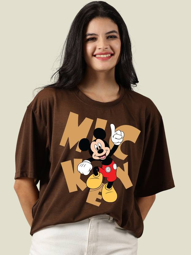 DISNEY by DreamBe Women Cartoon Round Neck Cotton Blend Brown T-Shirt