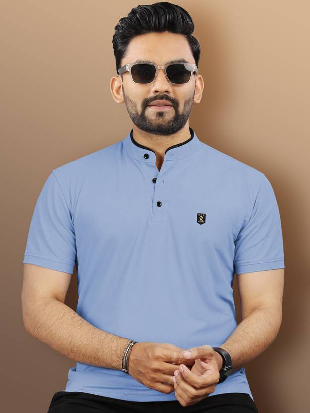 VeBNoR Men Solid Polo Neck Polyester Light Blue T-Shirt