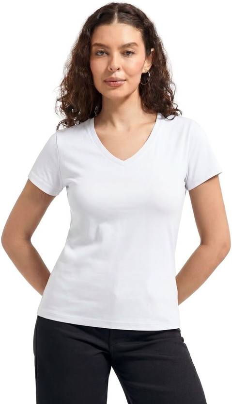Wellbi Women Solid V Neck Bamboo White T-Shirt