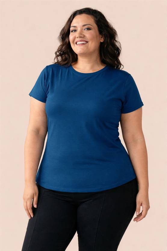 ANUBHAVGARMENT Women Solid Round Neck Pure Cotton Blue T-Shirt