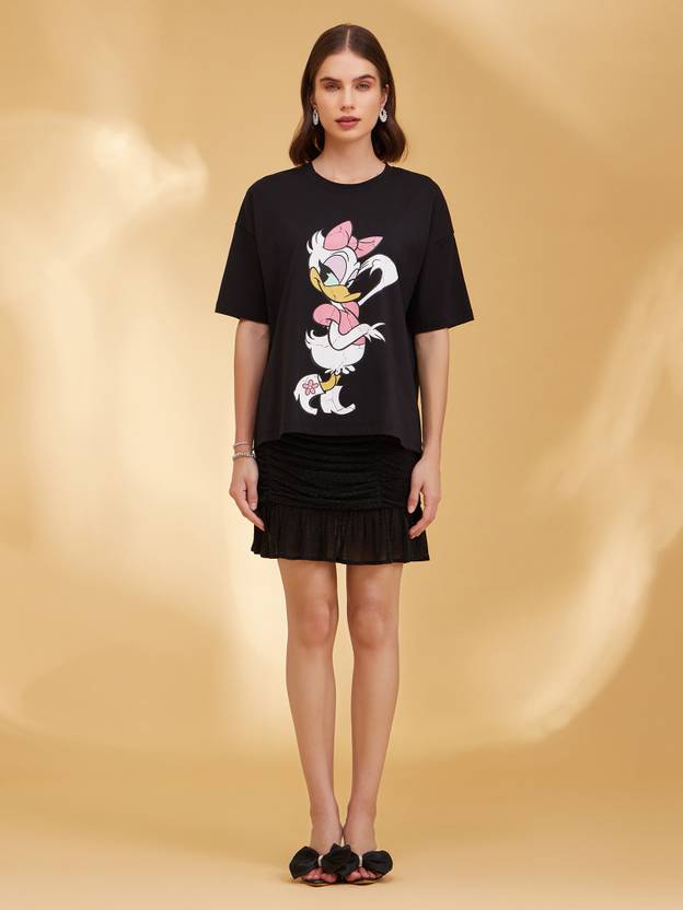 KAZO Women Printed Round Neck Polycotton Black T-Shirt