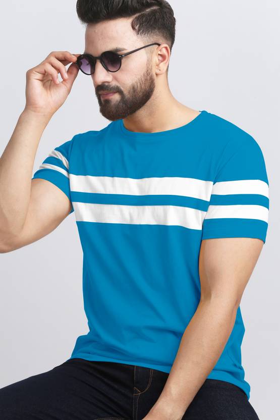Men Striped Round Neck Cotton Blend Navy Blue, White T-Shirt