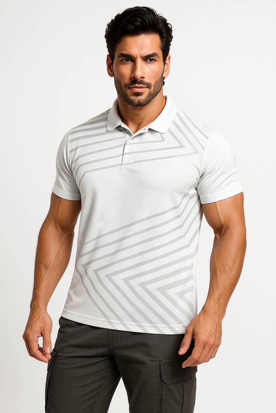 JUARI BE A GENTLEMAN Striped Men Polo Neck White T-Shirt