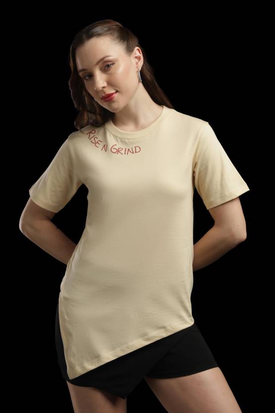 Outlaws Women Typography, Graphic Print Round Neck Pure Cotton Beige T-Shirt