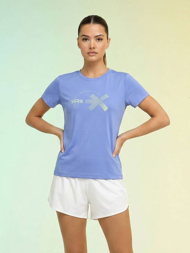 HRX by Hrithik Roshan Women Printed Round Neck Polyester Blue T-Shirt