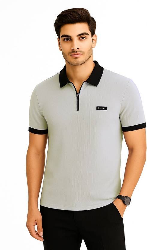 Bhadawar Creations Self Design Men Zip Neck Grey T-Shirt