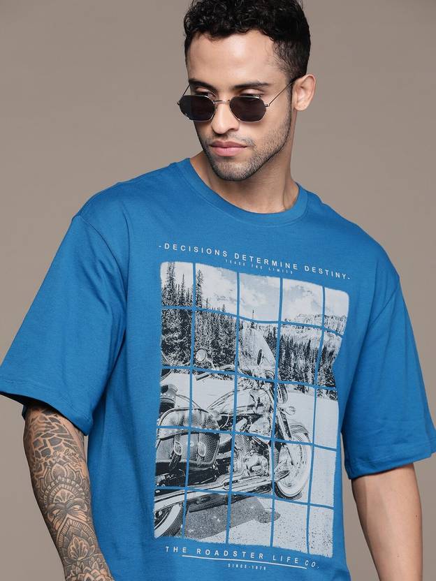 Roadster Men Printed, Typography Round Neck Pure Cotton Green T-Shirt