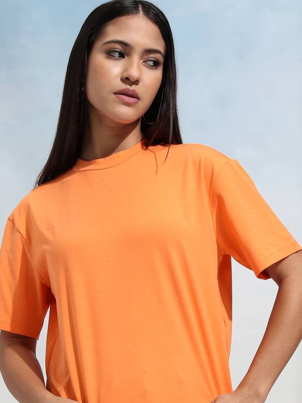 Tokyo Talkies Women Solid Round Neck Cotton Blend Orange T-Shirt