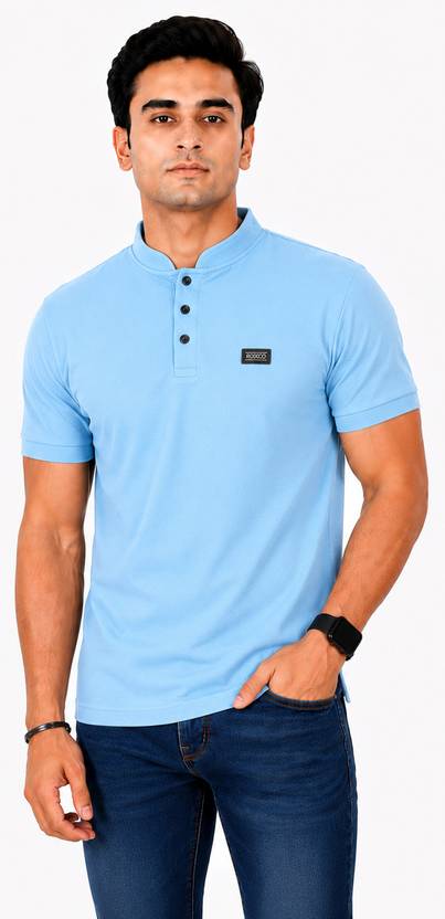 ATXP Men Solid Mandarin Collar Cotton Blend Light Blue T-Shirt
