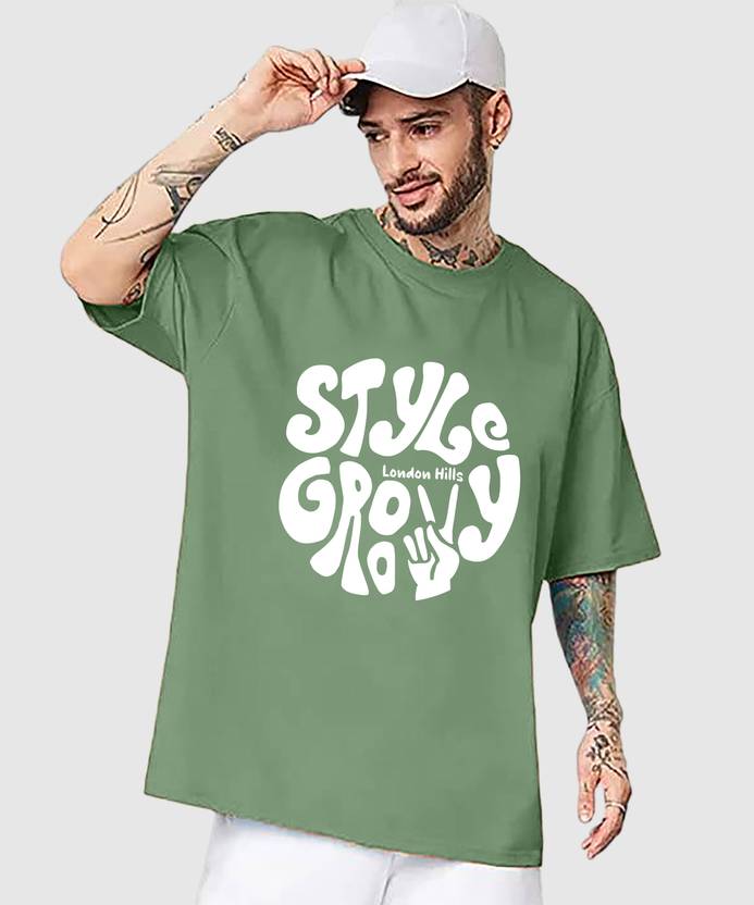 London Hills Men Typography Round Neck Cotton Blend Green T-Shirt