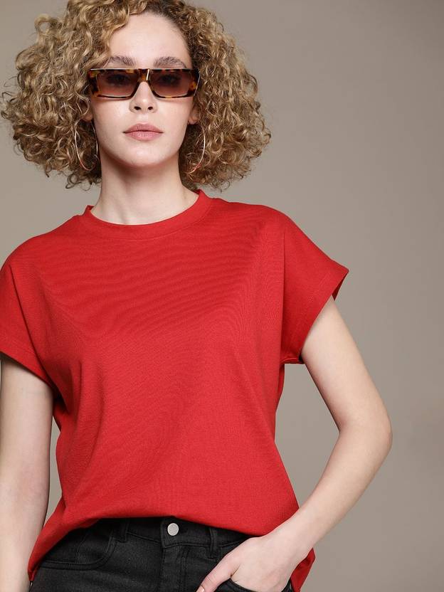 Roadster Women Solid Round Neck Cotton Blend Red T-Shirt