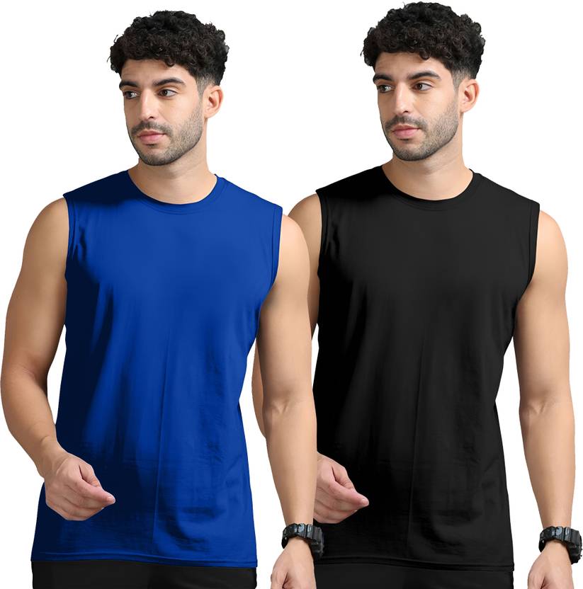 Jangoboy Pack of 2 Men Solid Round Neck Polyester Dark Blue, Black T-Shirt