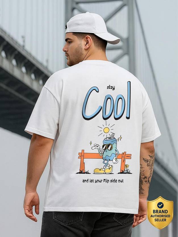 Veirdo Plus Size Oversized Men Printed Round Neck Pure Cotton White T-Shirt