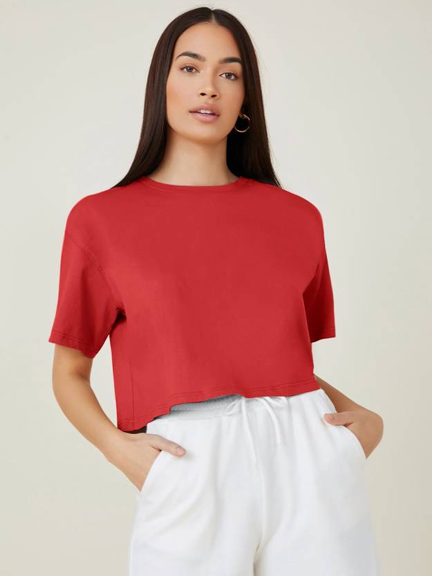 Aahwan Women Solid Round Neck Cotton Blend Red T-Shirt
