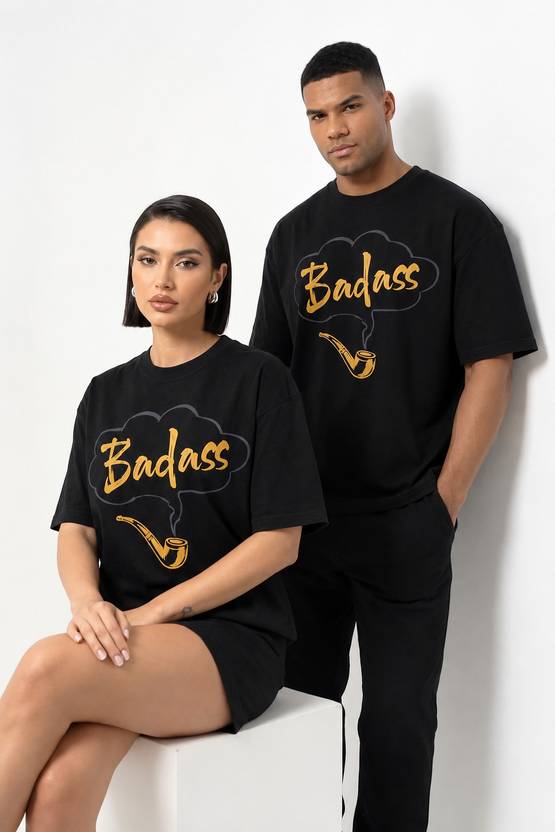 Oversized tshirt Men Graphic Print, Typography Round Neck Organic Cotton Black, Yellow T-Shirt