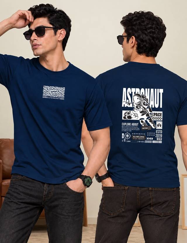 SLOWLORIS Men Printed Round Neck Cotton Blend Navy Blue T-Shirt