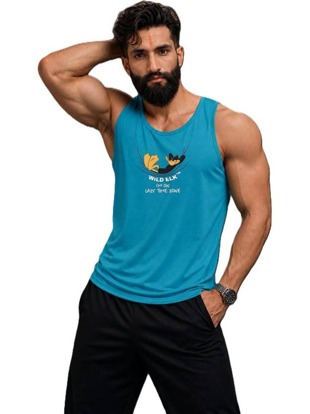 WILD ELK Men Printed Round Neck Polyester Green T-Shirt