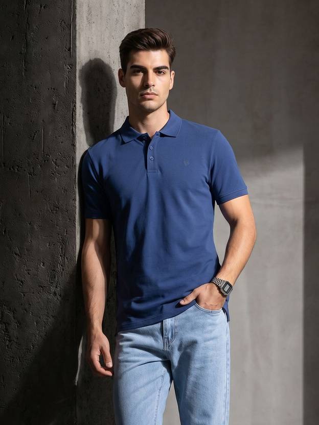 INVICTUS Men Solid Polo Neck Pure Cotton Blue T-Shirt