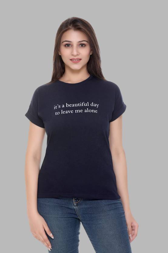 PLUSH PUSH THE FASHION Women Printed Round Neck Cotton Blend Navy Blue T-Shirt