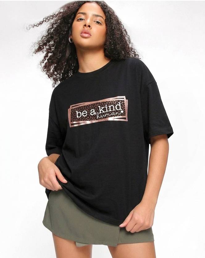 NUNO Women Graphic Print, Typography Round Neck Pure Cotton Black T-Shirt