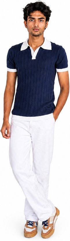 Doppey Men Navy Blue Polo Neck Pure Cotton - Image 3