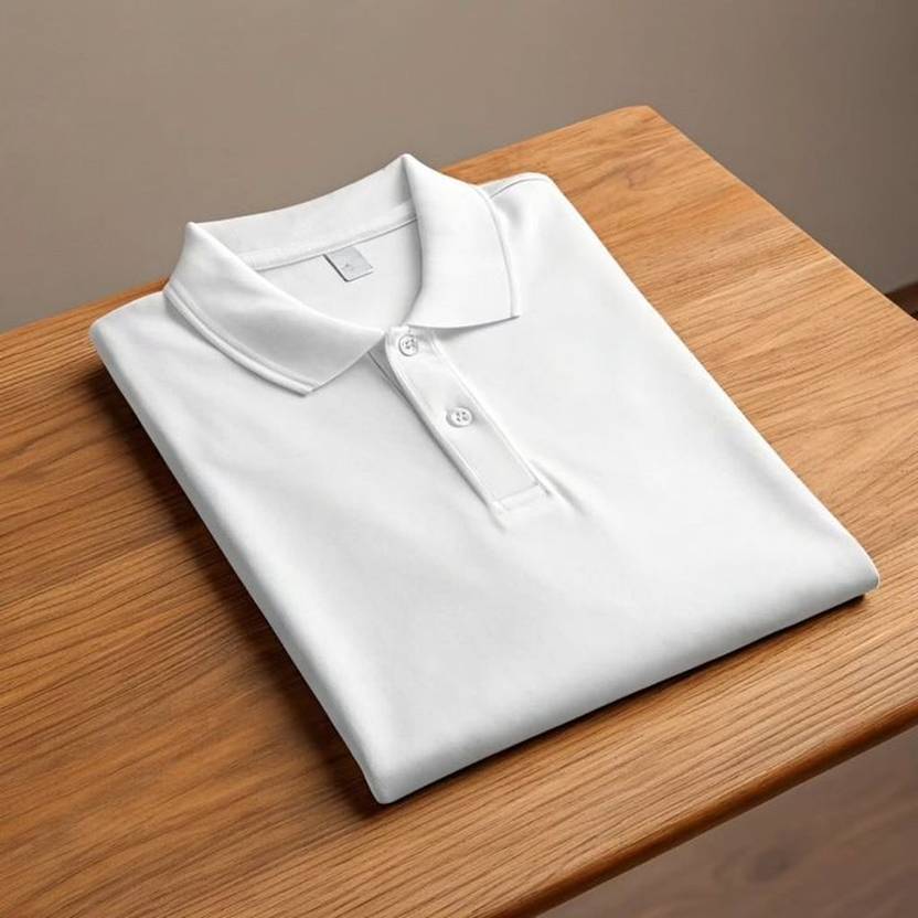 fablefinds Men Solid Polo Neck Cotton Blend White T-Shirt