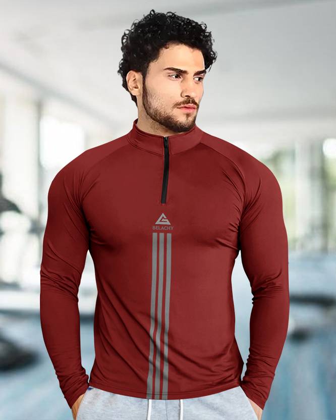 BELACHY Men Printed Henley Neck Polyester Maroon T-Shirt