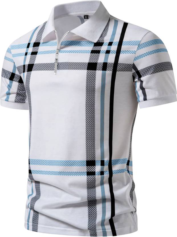 AUSK Men Checkered Polo Neck Cotton Blend White, Black, Blue, Multicolor T-Shirt